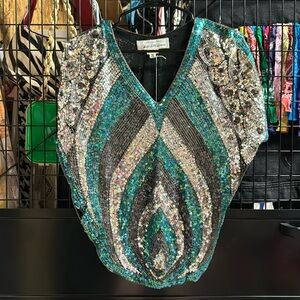 Vintage 70s Saks Fifth Avenue Colorful Full Sequin & Beaded Silk Disco Top